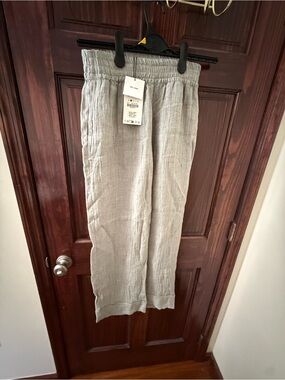 Zara Light Gray Linen-Blend Elastic Waist Chinos